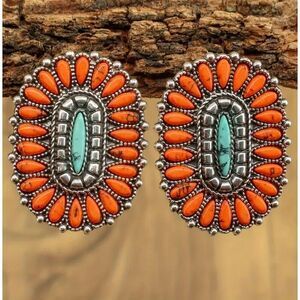 Chic Vintage Inspired Boho Turquoise Earrings Oval Dangle Western Statement